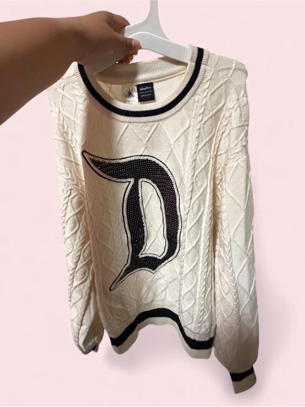 Disney Cream/white Cable-Knit Sweater with Black 'D' Appliqué